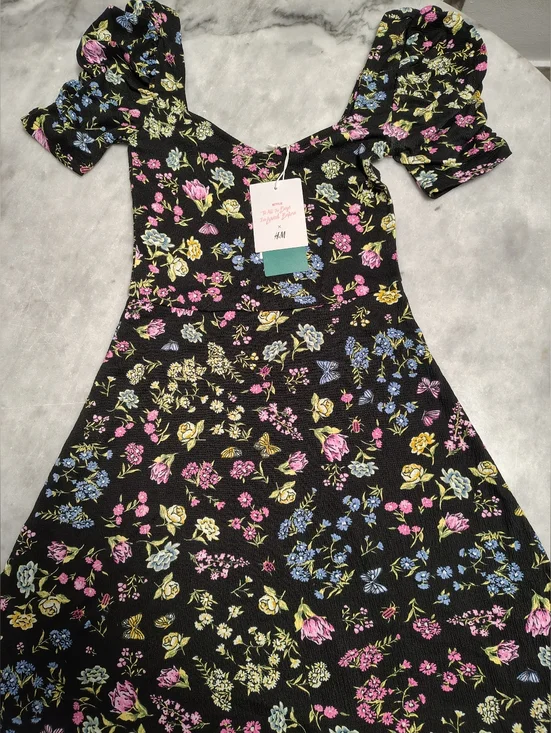 H&M Black Mini Dress with Pink, Blue & Yellow Floral Print - Picture 3 of 4